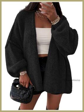 Oversized Cardigan Sweater Open Front Lantern Sleeve Lightweight Knit